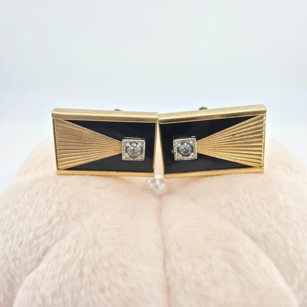 Vintage Shooting Star Cufflinks Sunray Rhinestone Accent Black Enamel Gold Plate
